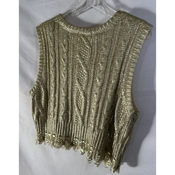 Gold Metallic Crop Tank Top knit Fringe Formal Elegant Women’s Size S Unique - Picture 7 of 11